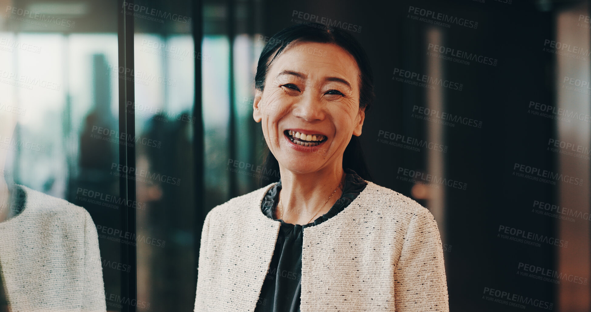 Buy stock photo Smile, pride and portrait of businesswoman in office for finance career with growth. Confident, happy and mature Japanese female financial executive with positive attitude for company expenses.