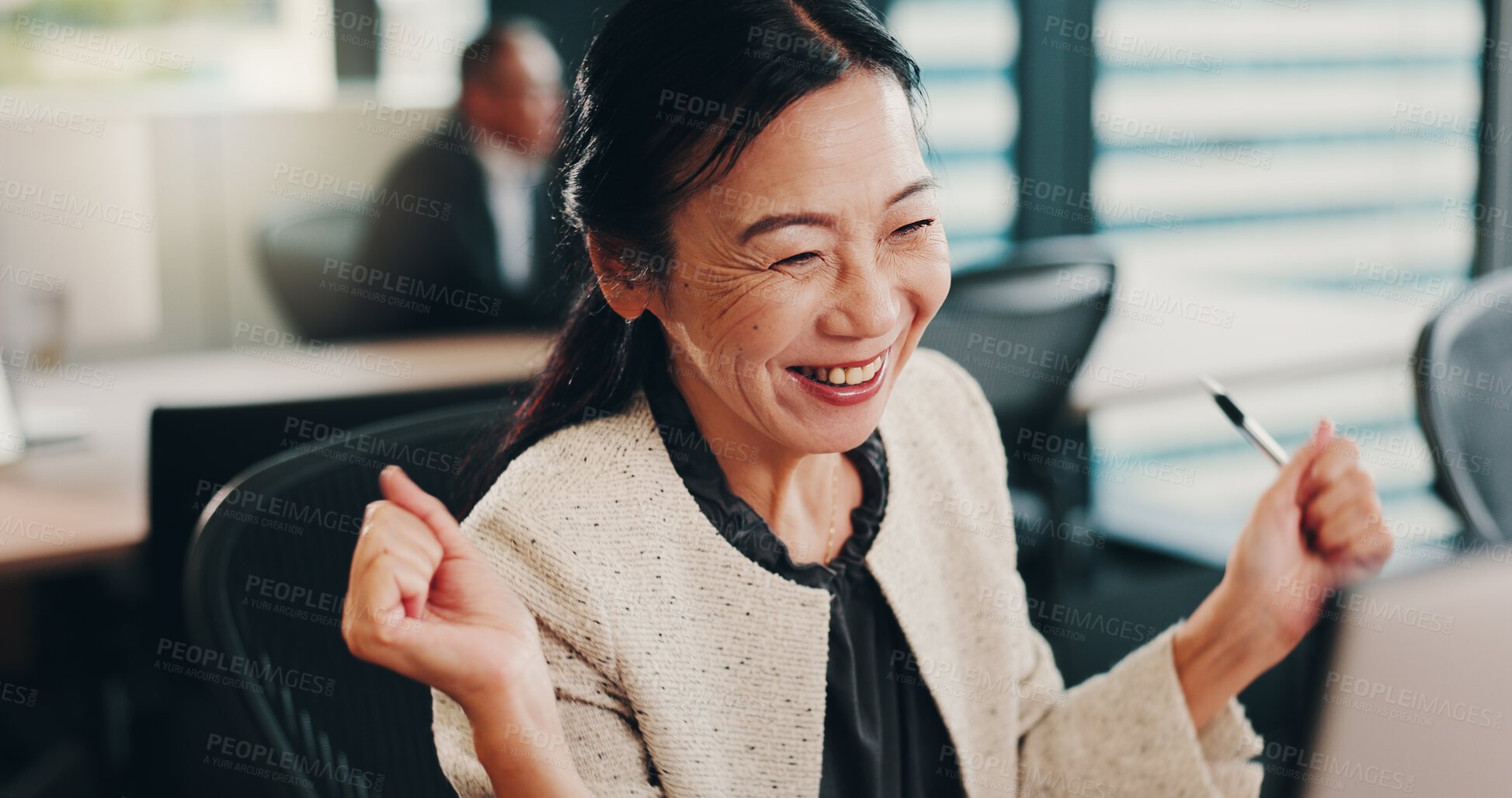 Buy stock photo Excited, laptop and businesswoman in office with winning, victory or celebration for job promotion. Happy, computer and mature Japanese female financial executive with wow for salary increase email.