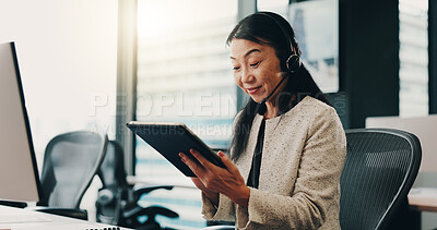 Buy stock photo Office, businesswoman and mic with tablet for call center, telemarketing and online research with smile. Japanese, female person and mature agent with headset for support, customer service and goals