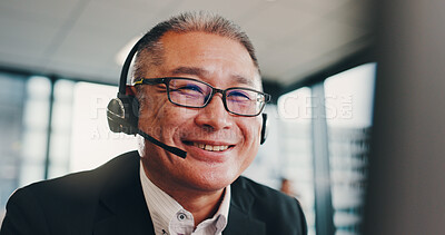 Buy stock photo Office, businessman and mic with computer for call center, telemarketing and consulting with smile. Japanese, male person and mature agent with headset for support, customer service and digital sales