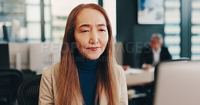 Buy stock photo Business, thinking and woman with decision, computer and online reading for article. Mature person, magazine editor and journalist in workplace, email or problem solving with choice, ideas and Japan