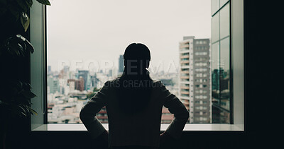 Buy stock photo Back, thinking and window with business woman and Japan view for idea, reflection and corporate venture. Vision silhouette and memory with person and city for future, solution and confidence