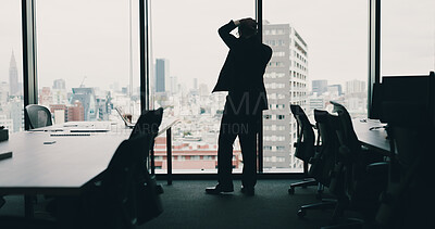 Buy stock photo Office, businessman and stress with anxiety as administration, profit loss or crisis management. Male person, frustrated and mistake as financial fraud, embezzlement or corruption as company in Japan