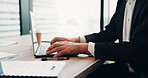 Office, hands and businessperson with laptop for research, investment performance and typing report. Closeup, man and financial advisor with digital for company, finance goals and online in Japan