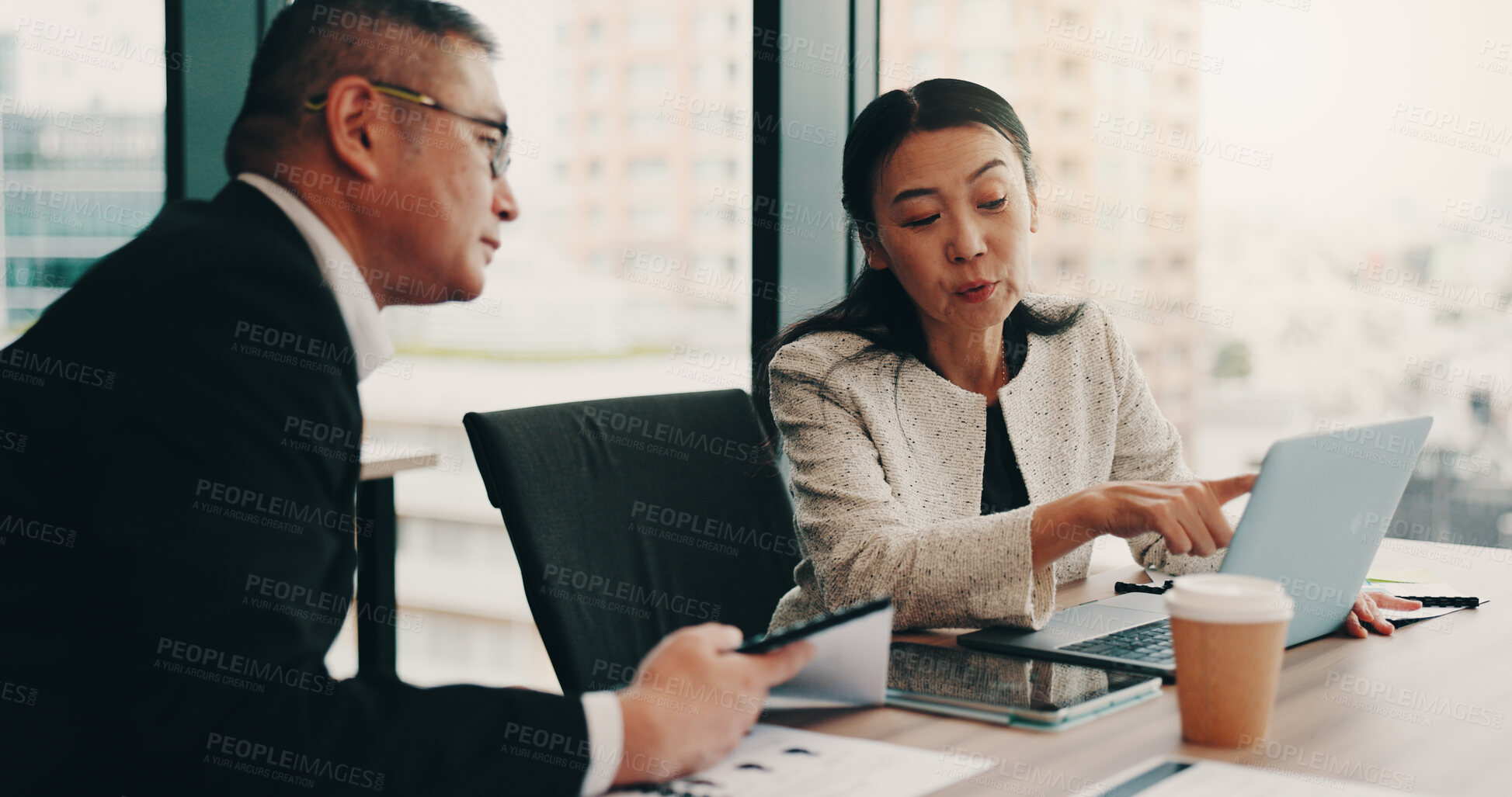 Buy stock photo Japanese, lawyers or people on laptop in office with schedule, paperwork or funding review. Teamwork, project or research in meeting at law firm with legal report, case feedback or profit portfolio