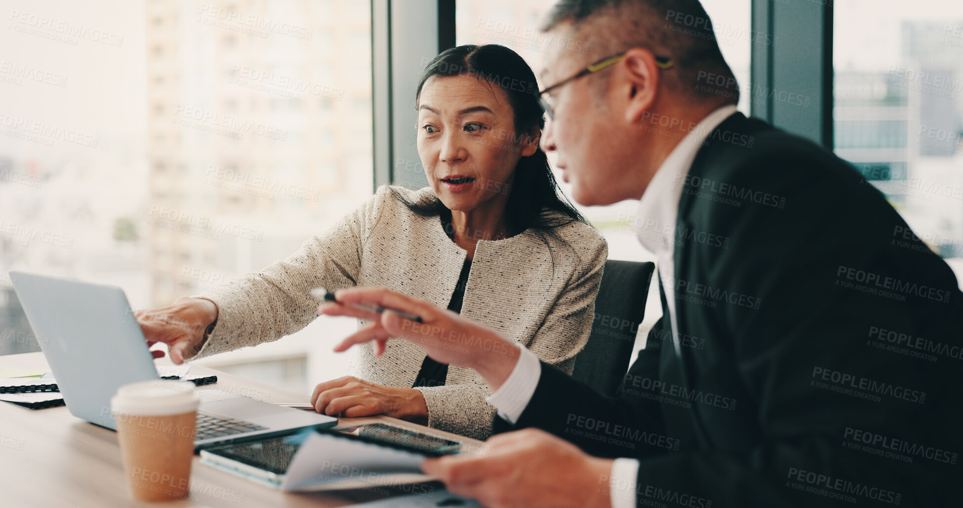 Buy stock photo Japanese, lawyers or people on laptop in meeting with schedule, funding review or assets in trust. Teamwork, project or research at law firm office for legal report, case feedback or profit portfolio