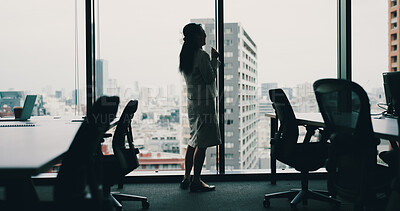 Buy stock photo Mature, Japanese and business woman as excited for achievement, success and contract. Female person, office building and happy for profit, performance review and company report as employee or manager