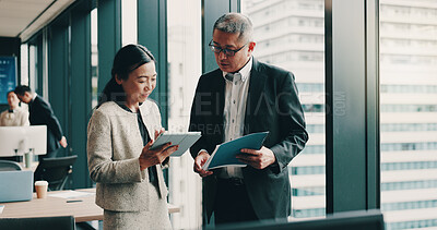 Buy stock photo Japanese, business and people with tablet in office for research, corporate schedule and accounting proposal. Employees, digital app and information with finance report, investment feedback and Japan