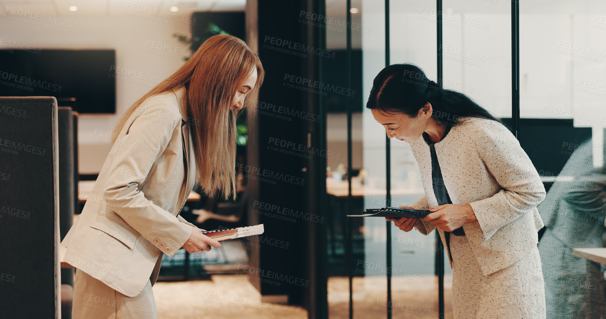 Buy stock photo Office, business people and greeting with bow for Japanese culture, partnership and respect for women. Boardroom, collaboration and lawyer with client for case discussion, welcome and humble attitude