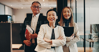 Buy stock photo Portrait, smile and business people in office, team leader and company development with planning. Face, employees and coworkers with documents, group and corporate professional with project or Japan