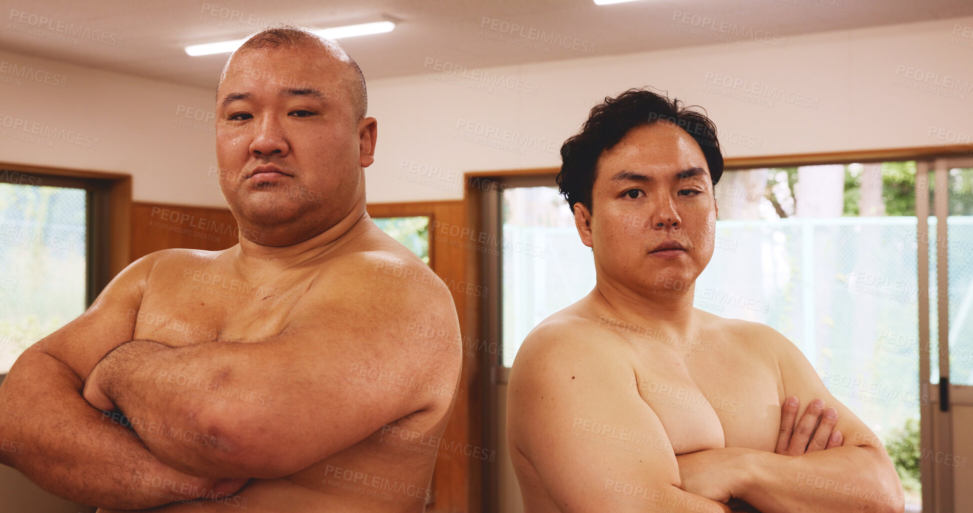 Buy stock photo Sumo, wrestling and portrait of Japanese people in dojo ring for pride, training or martial arts fight. Sports tournament, challenge and battle with men in club for festival, competition and culture