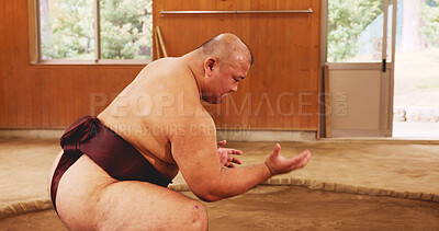 Buy stock photo Man, training and exercise for sumo, fitness and wrestler with preparation, skill and technique in ring. Japanese athlete, fighter and sports in dohyo for culture, workout and wrestling with warm up