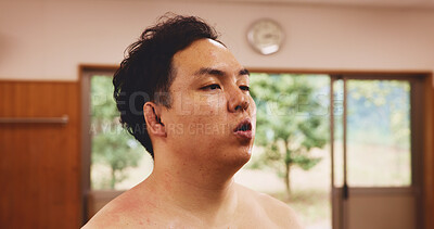 Buy stock photo Athlete, man and exercise for sumo, workout and fatigue with exhausted, breathing and break in Japan. Training, tired and sports in dohyo for practice, fitness and wrestling with bruise or recovery