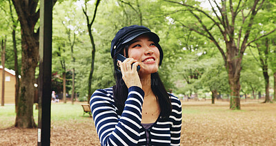 Buy stock photo Happy, asian woman or park with phone call for travel, sightseeing or communication in nature. Japan, female person or tourist with smile on mobile smartphone for commute, destination or conversation