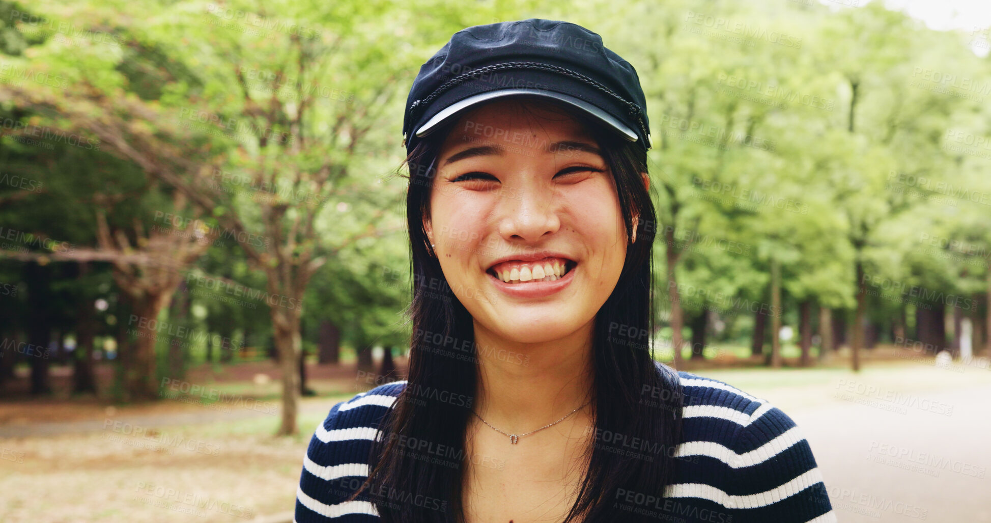 Buy stock photo Woman, portrait and happy in park with fashion, travel and student on study break in Tokyo. Japanese girl, smile and outdoor with style for commute, weekend fun and vacation with brand accessories