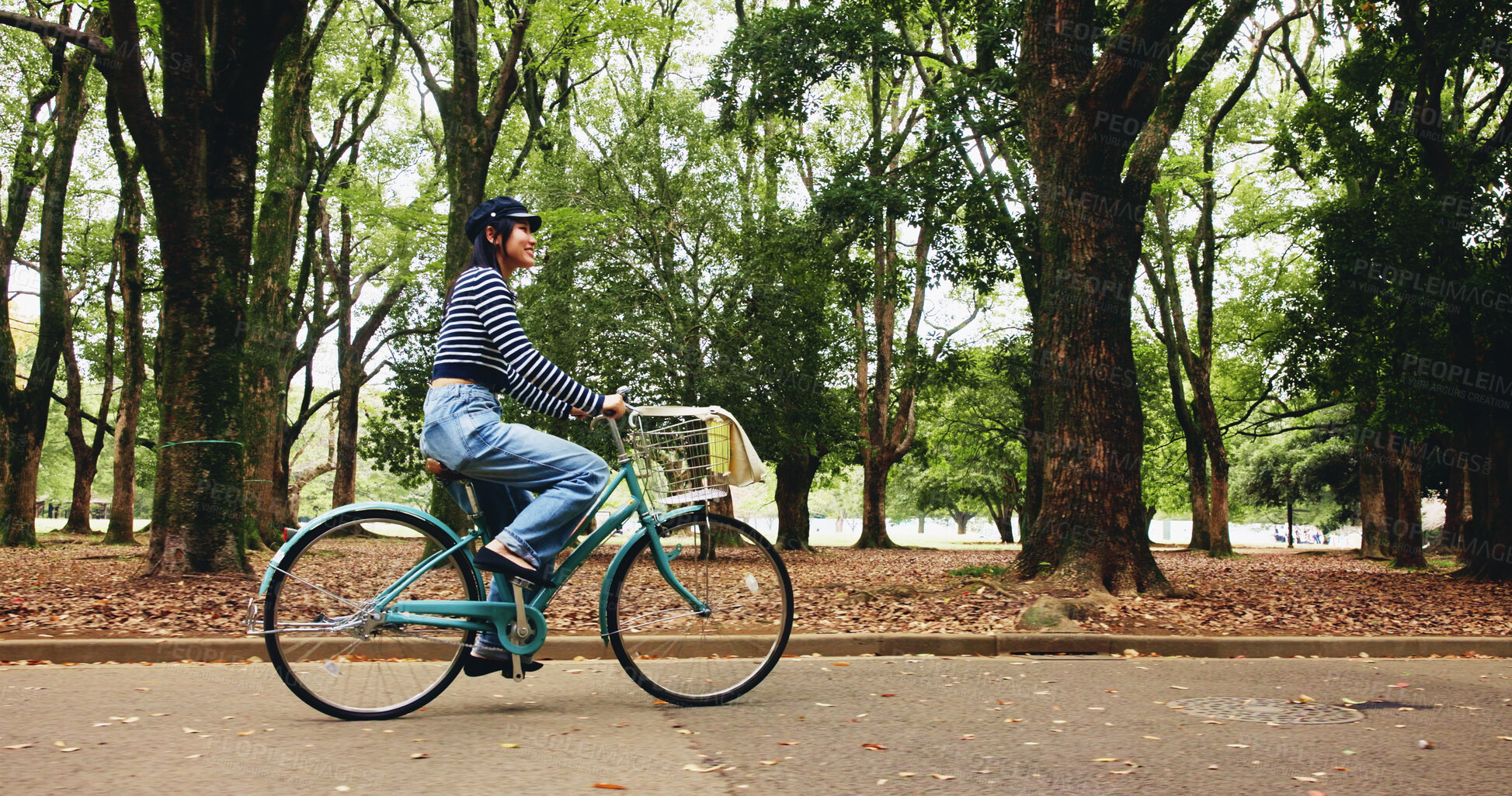 Buy stock photo Nature, cycling and woman with bicycle, travel and commuting in countryside, road and transport for student. Outdoor, fitness and girl with bike for trip, cyclist or tourism of national park in Japan