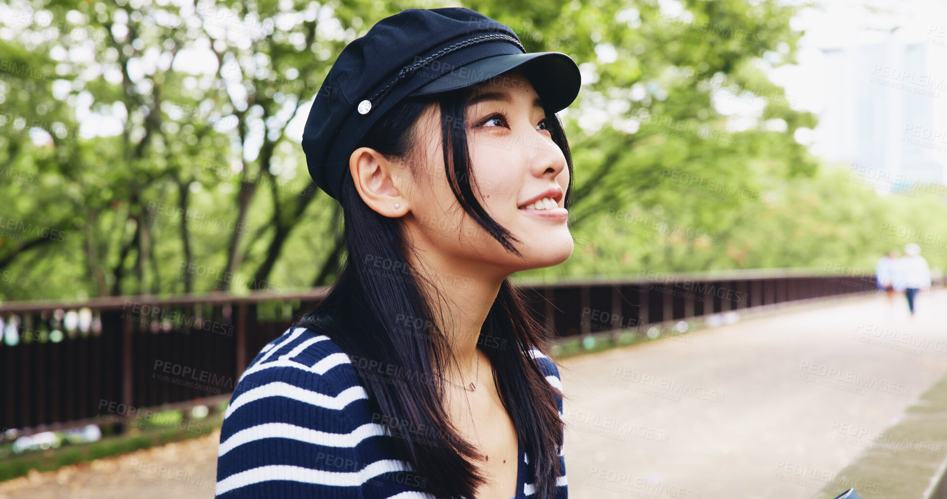 Buy stock photo Japanese, woman and thinking as tourist outdoor for travel decision, sightseeing and bridge view in city. Girl, thoughts and hat with morning commute, abroad tourism and destination planning in Japan