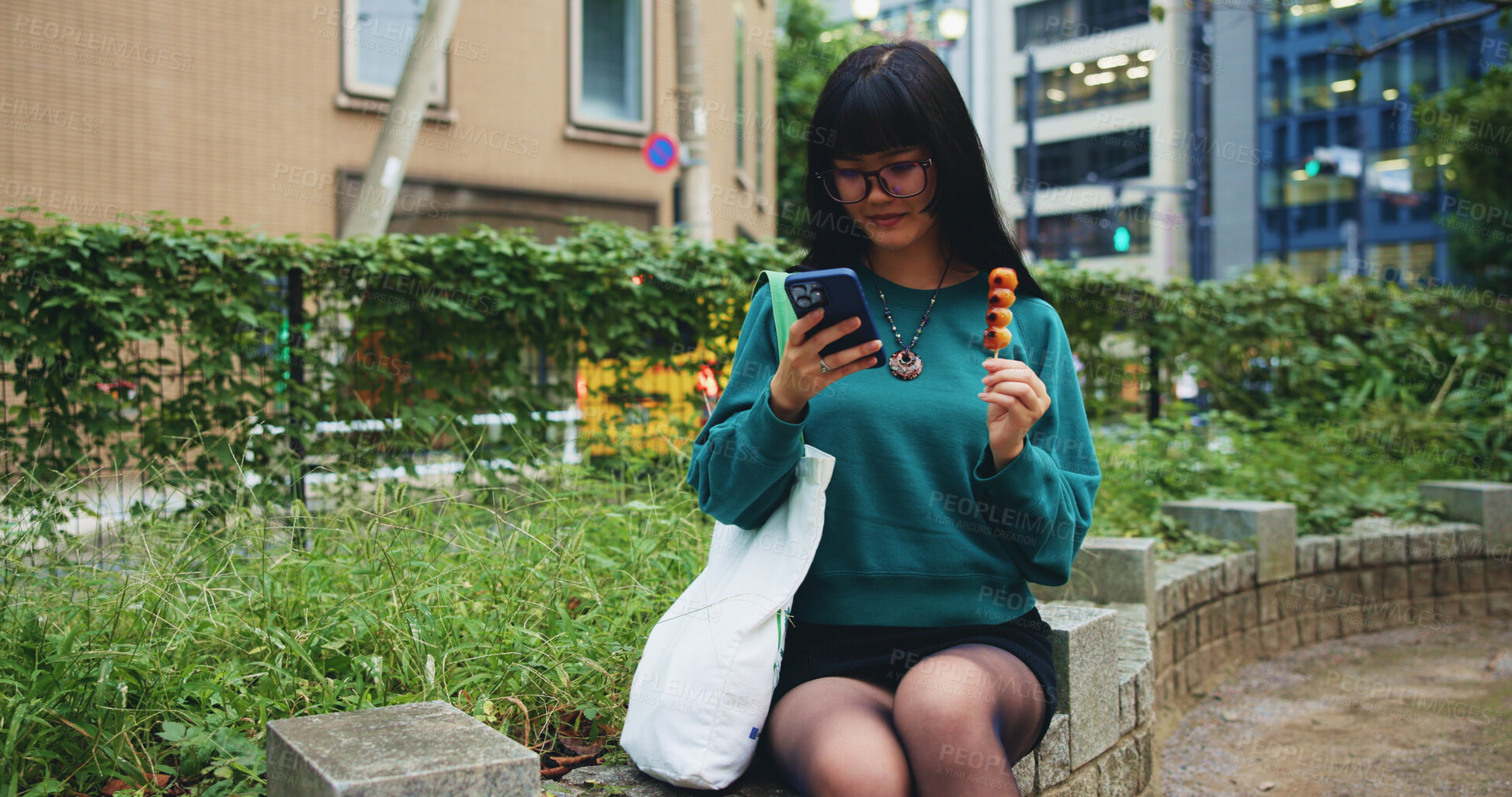 Buy stock photo Student, reading and woman with smartphone, food and browsing of timetable for exam, eating and campus. Outdoor, education and Asian person with snack, scroll and check of schedule, mobile and Japan