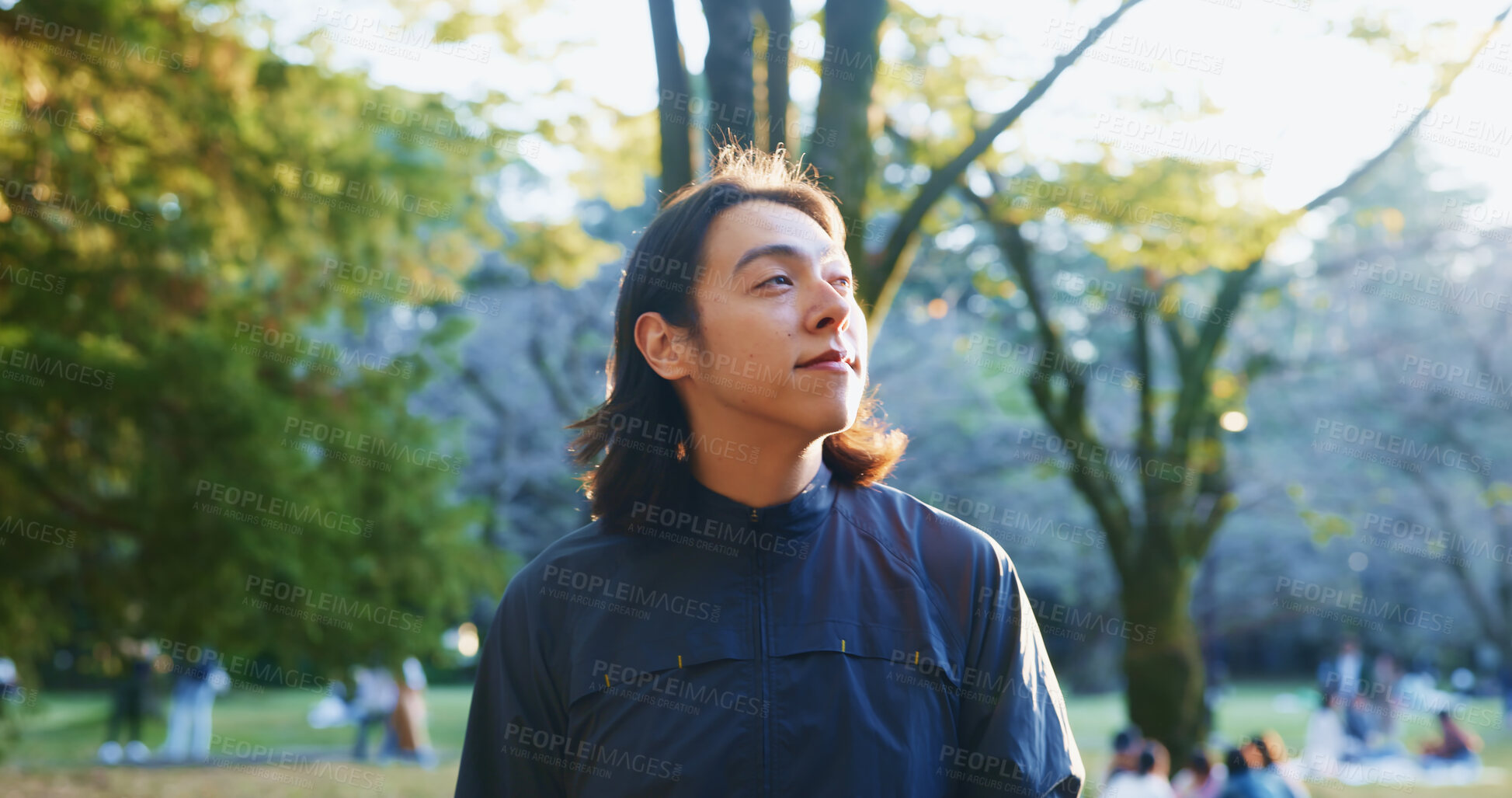 Buy stock photo Japanese man, thinking and walking for travel, commute and wondering with thoughtful mind outdoor. Male person, vision and planning in city for morning journey, explore and weekend tourist with idea