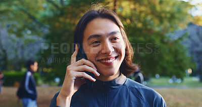 Buy stock photo Japan, phone call and man with smile, conversation and communication with contact. Person, outdoor and guy with smartphone, connection and network with digital app, happiness and chatting in park