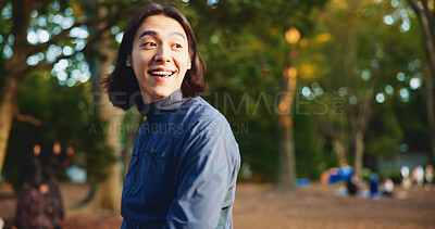 Buy stock photo Fitness, thinking and happy man at park for exercise, planning workout and training for body health. Japanese person, smile and athlete outdoor for physical wellness, sports and laughing in nature