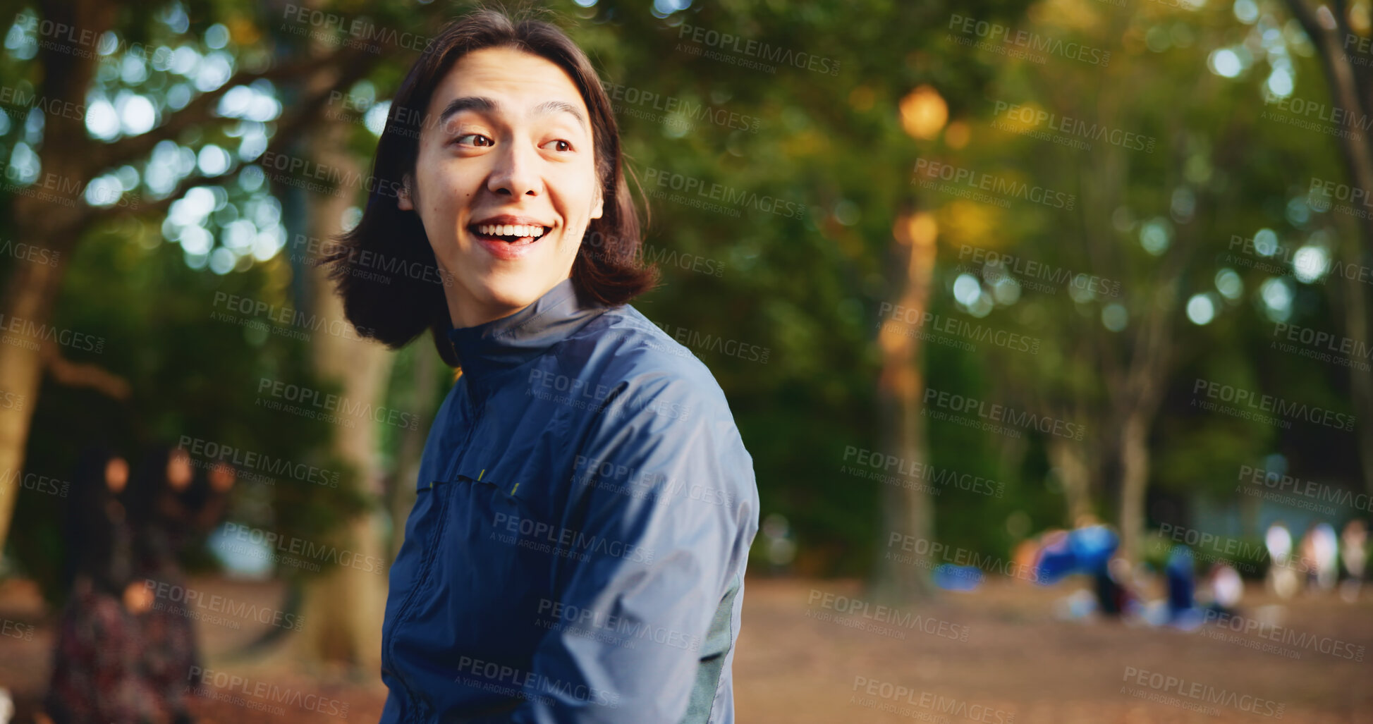 Buy stock photo Fitness, thinking and happy man at park for exercise, planning workout and training for body health. Japanese person, smile and athlete outdoor for physical wellness, sports and laughing in nature