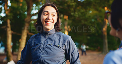 Buy stock photo Laughing, friends and bonding in nature, man and fun in park, travel or conversation on vacation. Outdoor, joke and funny on holiday, people and getaway for tourists, chat or happy for tour and Japan