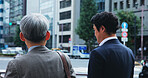 Men, business people and walking in city for travel, commute and location journey to workplace. Colleagues, employees and lawyers by sidewalk for corporate career, urban trip or professional in Japan