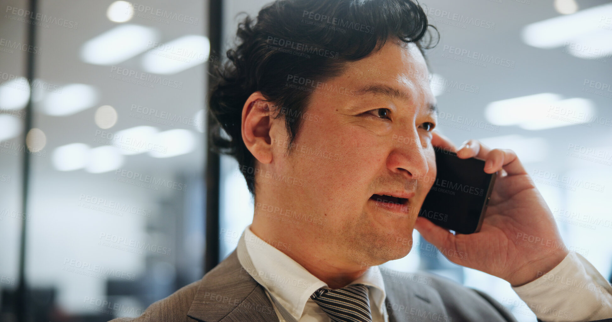 Buy stock photo Man, phone call and discuss investment in office, financial advisor and update report to client. Male person, negotiation and global communication in Japan agency, growth opportunity and contact