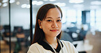 Happy woman, portrait and career with ambition at agency for job, employment or confidence at firm. Japanese, female person or young professional with smile for company development, mission or pride