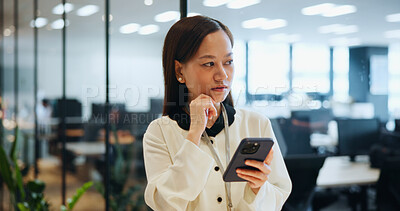 Buy stock photo Woman, thinking and phone in office for business, planning and email feedback in company. Japanese accountant, idea and mobile in agency for investment research, communication and schedule management