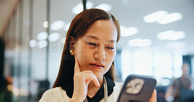 Buy stock photo Woman, thinking and mobile in office for business, planning and email feedback in company. Japanese accountant, idea and phone in agency for investment research, communication and schedule management