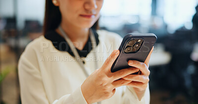 Buy stock photo Phone, hands and businesswoman in office with email, networking or communication for investment. Technology, contact and Japanese female financial planner with cellphone for online finance report.