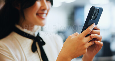 Buy stock photo Smartphone, hands and businesswoman in office with email, networking or communication for investment. Technology, contact and Japanese female financial planner with phone for online finance report.