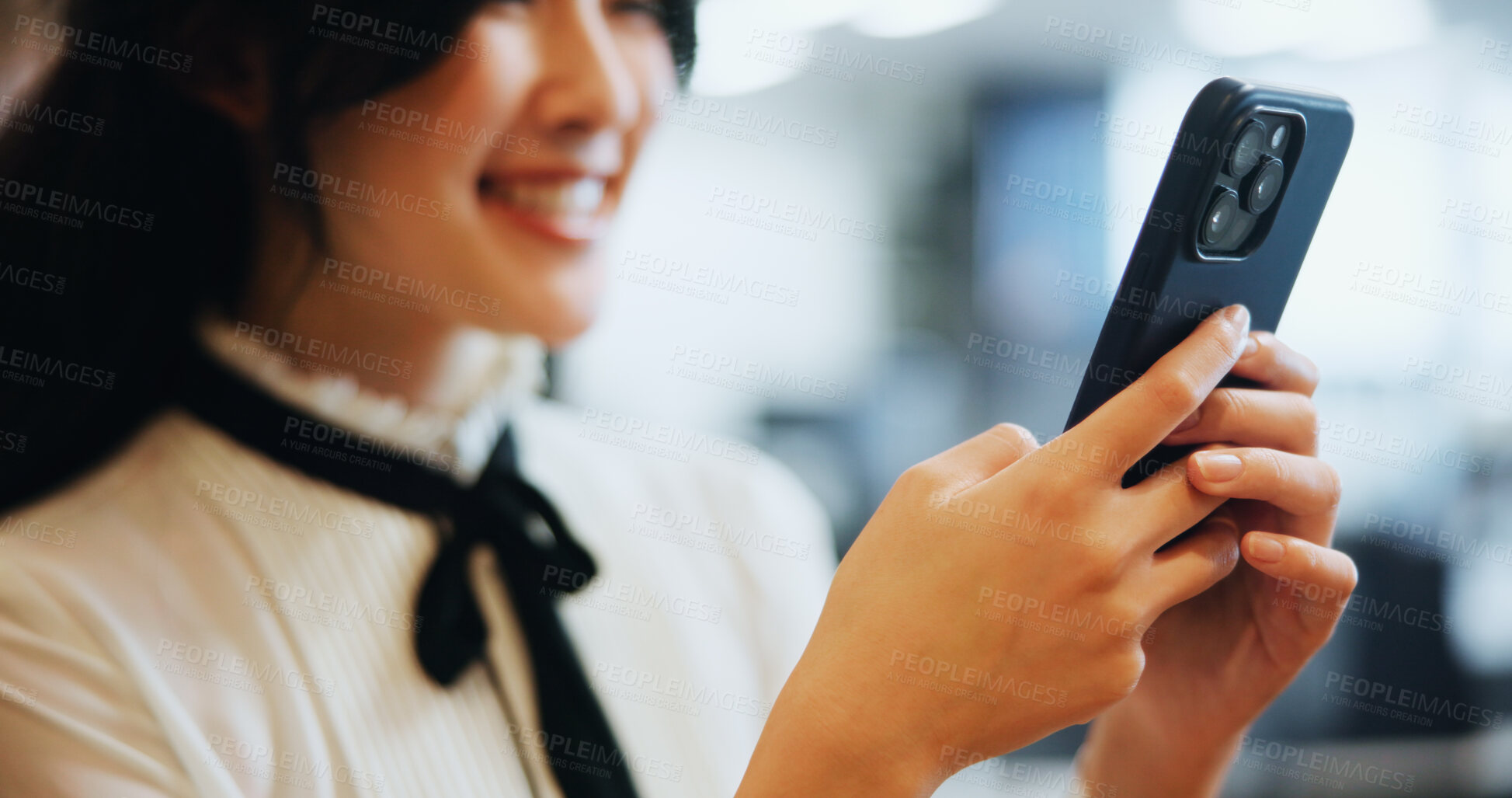 Buy stock photo Smartphone, hands and businesswoman in office with email, networking or communication for investment. Technology, contact and Japanese female financial planner with phone for online finance report.