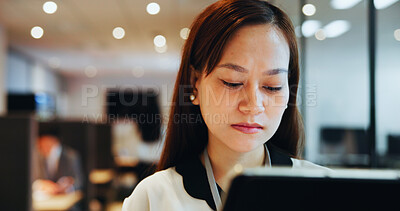Buy stock photo Office, reading and business Asian woman on tablet for research project, online website and internet. Professional, corporate and person on digital tech for planning, networking and proposal in Japan