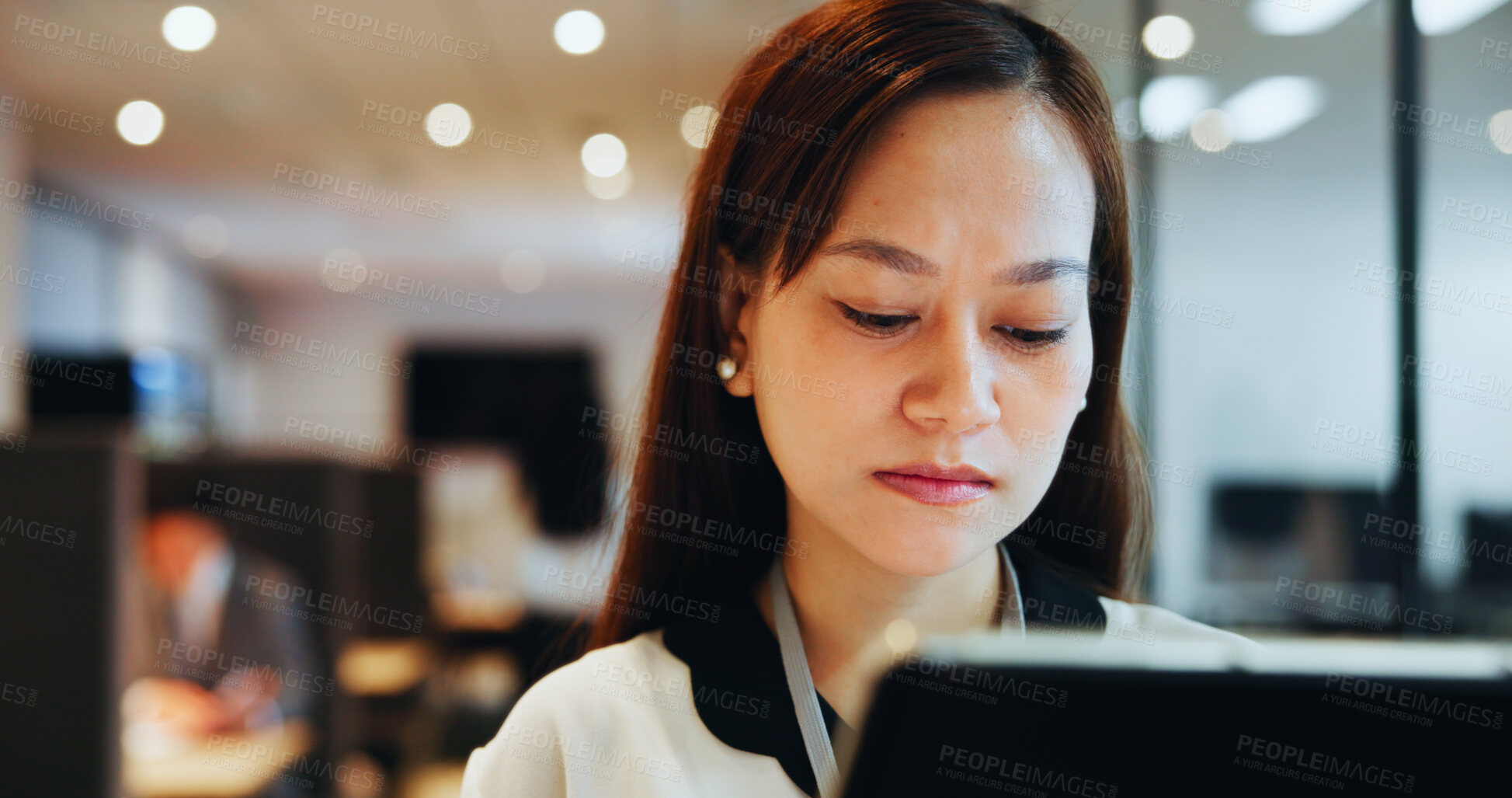 Buy stock photo Office, reading and business Asian woman on tablet for research project, online website and internet. Professional, corporate and person on digital tech for planning, networking and proposal in Japan