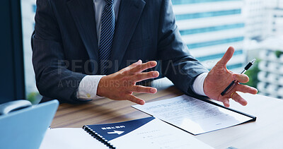 Buy stock photo Businessman, hands and documents with explanation for proposal, contract or project budget at office. Japan, closeup or man with speech or paperwork for corporate planning, finance or business deal