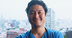 Asian, happy man and nurse with portrait for healthcare service or medical assistance at hospital in city. Japan, male person or doctor with smile for nursing internship, medicine or career at clinic