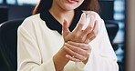 Injury, business hands and wrist pain in office from muscle ache, inflammation or carpal tunnel syndrome. Japanese firm, professional woman and joint sprain with massage, uncomfortable and discomfort