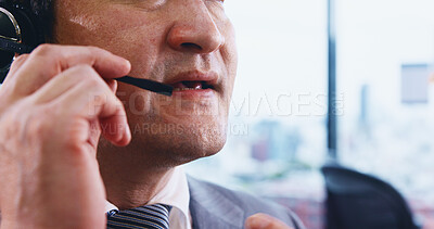 Buy stock photo Call center, headset or mouth of man in agency for customer service, technical support or consulting. Closeup, microphone or telecom agent for finance advice, conversation and faq feedback in Japan