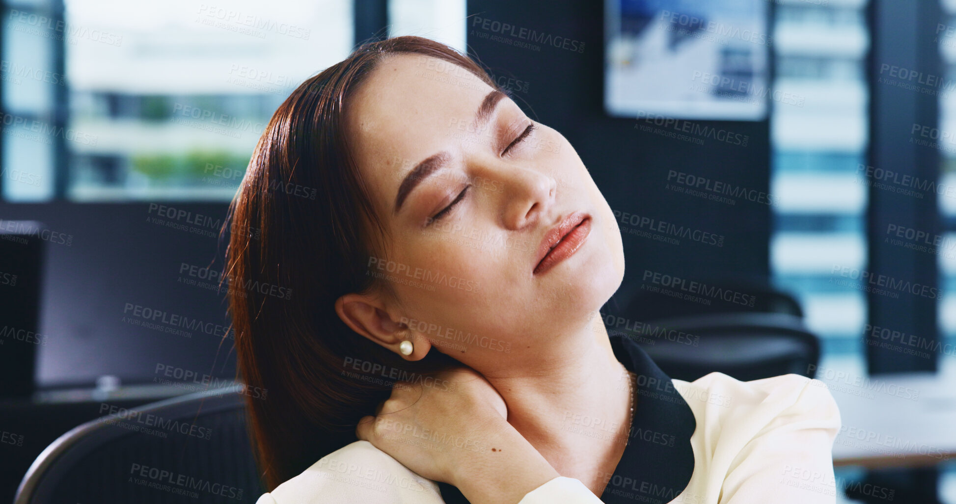 Buy stock photo Injury, business woman and neck pain in office from muscle ache, inflammation and bad posture at desk. Japanese firm, professional employee or joint sprain with tension, uncomfortable and discomfort