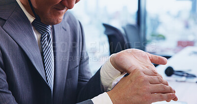 Buy stock photo Man, business hands and wrist pain in office from muscle ache, inflammation or carpal tunnel syndrome. Japanese firm, professional person and joint sprain with arthritis, uncomfortable and discomfort