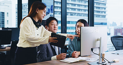 Buy stock photo Computer, teamwork and business people in meeting, tablet and internet with research for stock market. Employees, coworkers and leader in office, documents and tech with accounting, planning or Japan