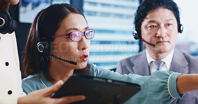 Buy stock photo Call center, headset and Japanese woman in team, customer service or technical support for training. Female person, microphone and telecommunication in consulting, coworking or coaching for help desk