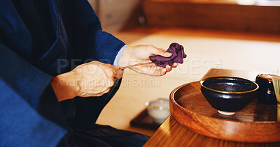 Buy stock photo Man, matcha and tea ceremony in Japan for tradition, culture and relax in home with preparation. Male person, ritual and bowl for mindfulness, zen and buddhism with spiritual, respect and harmony