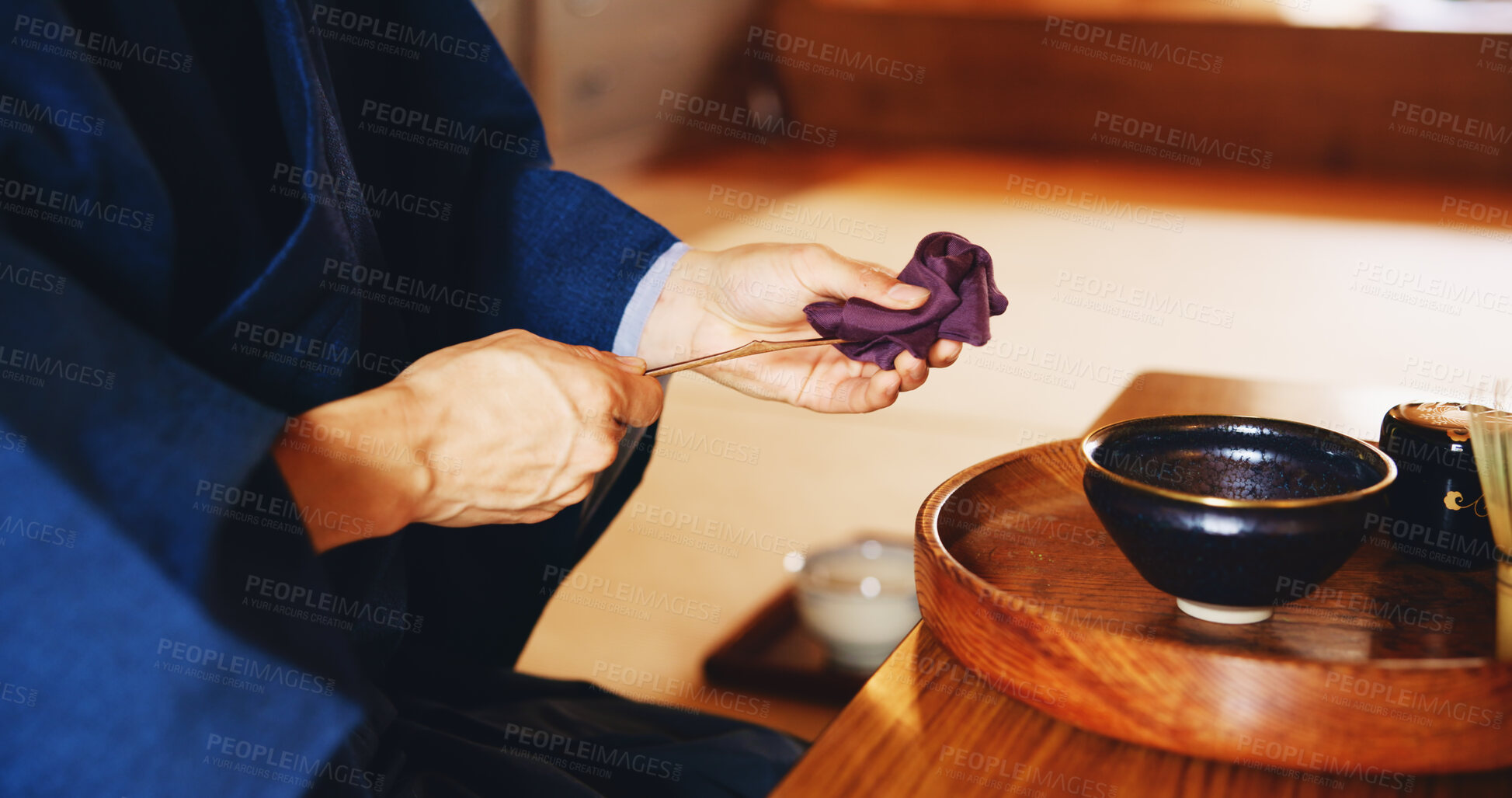 Buy stock photo Man, matcha and tea ceremony in Japan for tradition, culture and relax in home with preparation. Male person, ritual and bowl for mindfulness, zen and buddhism with spiritual, respect and harmony