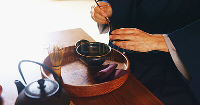 Buy stock photo Man, culture and tea ceremony in Japan for tradition, relax and matcha in home with preparation. Male person, ritual and bowl for mindfulness, zen and buddhism with spiritual, respect and harmony