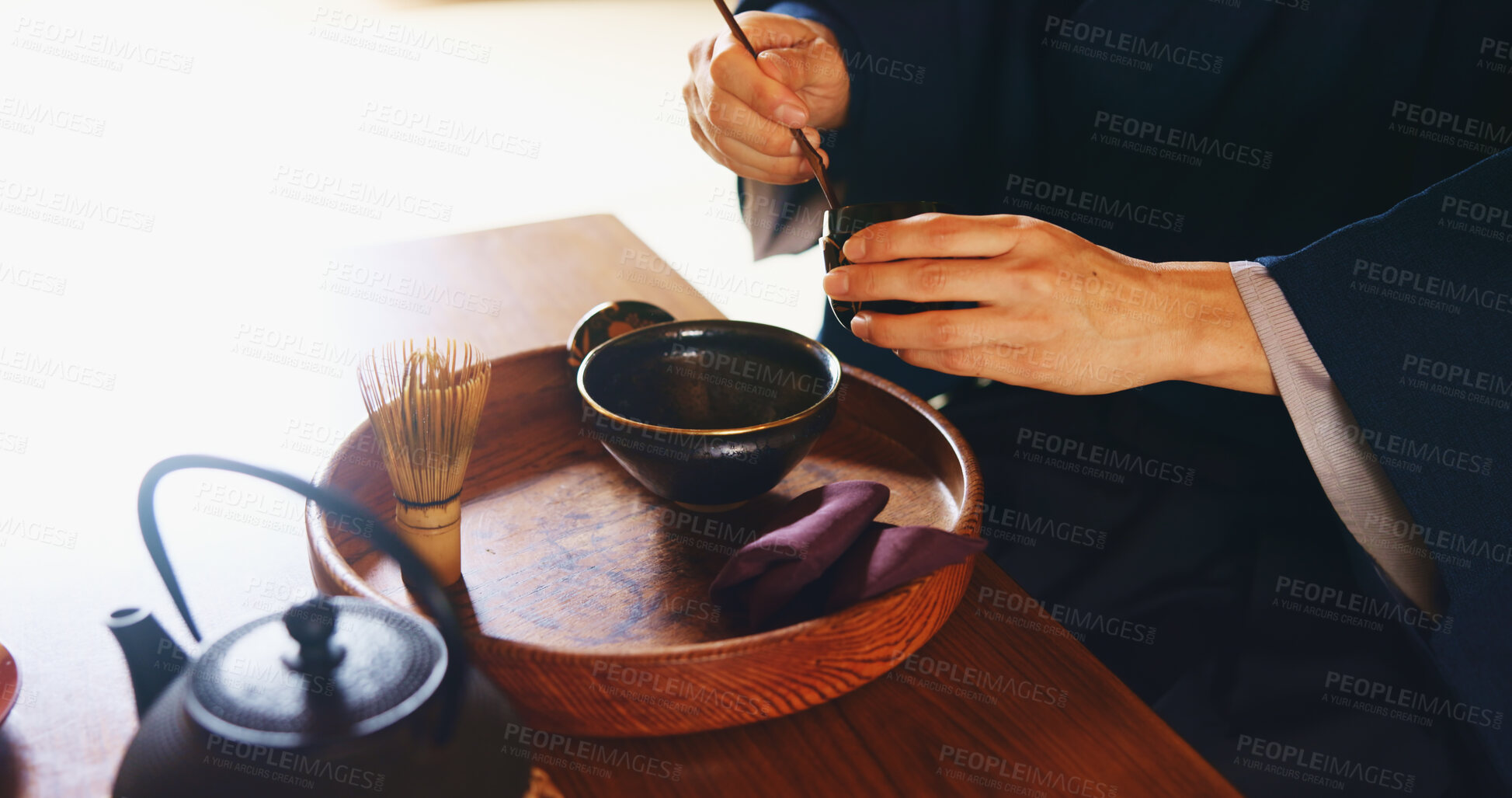Buy stock photo Man, culture and tea ceremony in Japan for tradition, relax and matcha in home with preparation. Male person, ritual and bowl for mindfulness, zen and buddhism with spiritual, respect and harmony