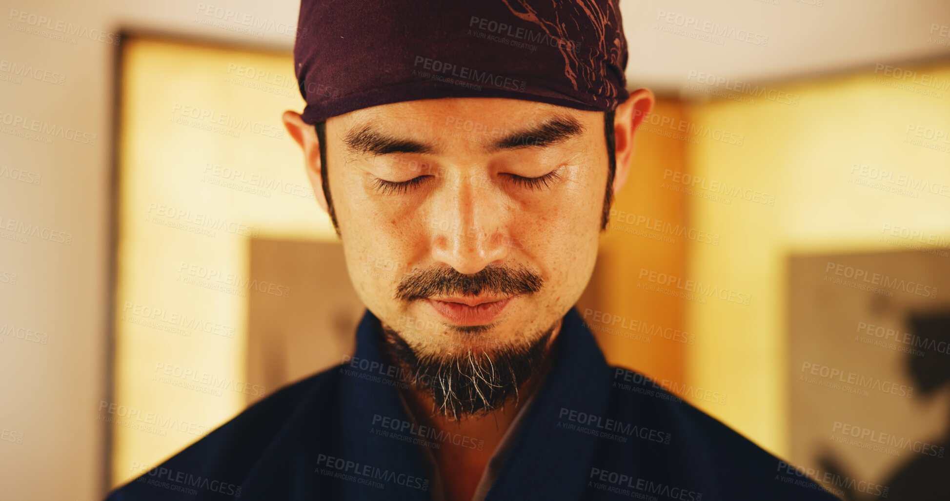 Buy stock photo Thinking, meditation and Japanese man in dojo for routine, bushido practice or spirituality. Martial arts sensei, monk and respect for inner peace, tradition and samurai culture for discipline